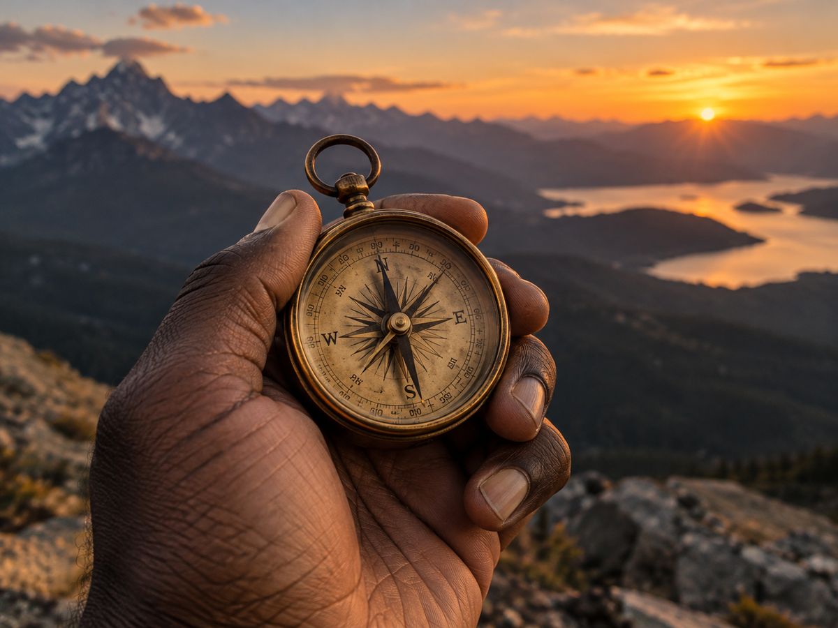 Une main tient une boussole ancienne face à des montagnes au coucher du soleil