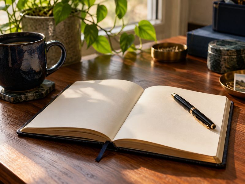 Un carnet ouvert et un stylo sur un bureau ensoleillé