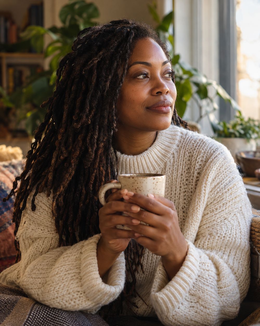 Une femme pensive, une tasse entre les mains, près d'une fenêtre lumineuse