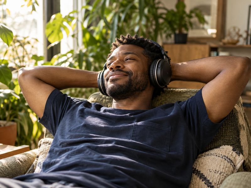 Un homme détendu, casque sur les oreilles, souriant dans un salon plein de plantes