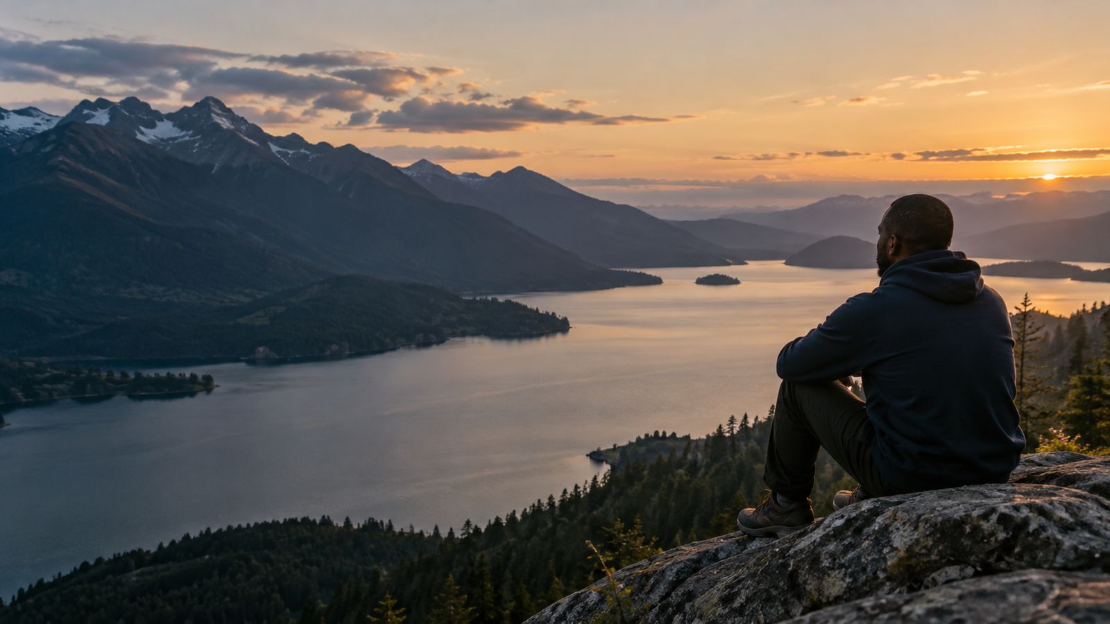 Un homme assis sur un rocher face à un lac au coucher du soleil