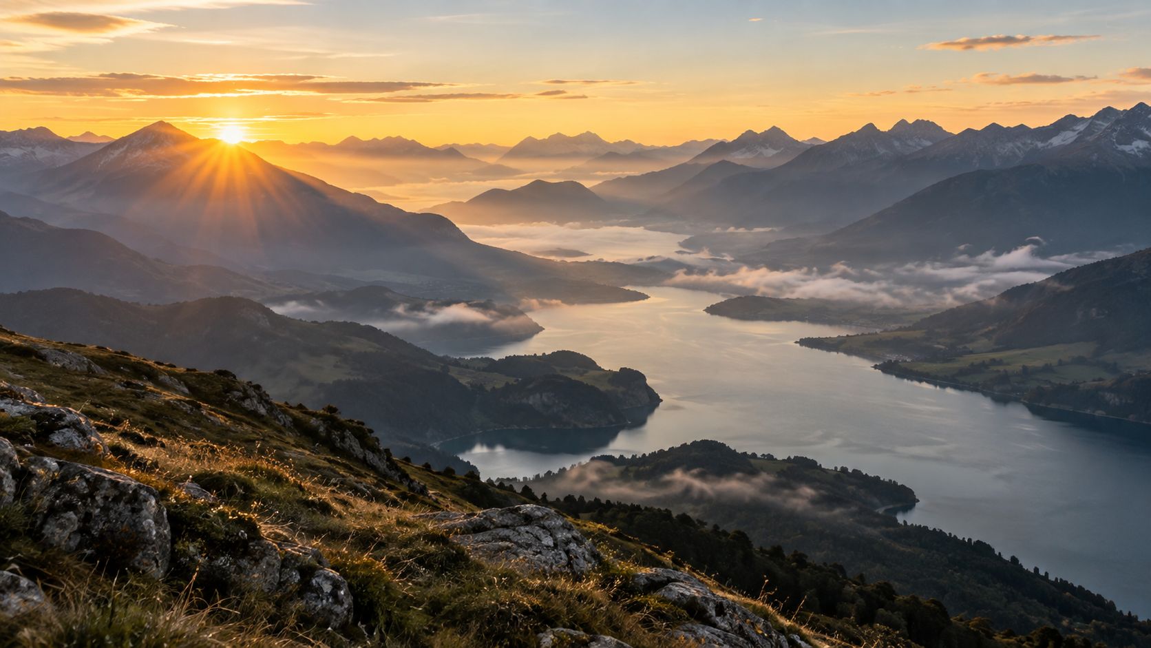 Le soleil se lève au-dessus de montagnes et d'un lac dans la brume