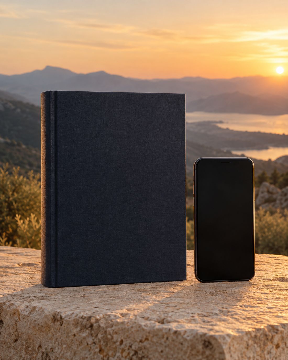 Le livre Le Pendule Intérieur et un téléphone posés sur une pierre face au coucher du soleil