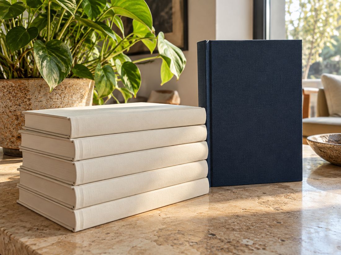 Une pile de livres clairs et un livre bleu nuit au soleil, près d'une plante