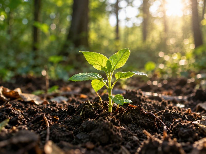 Une jeune pousse qui sort de la terre dans la lumière d'une forêt